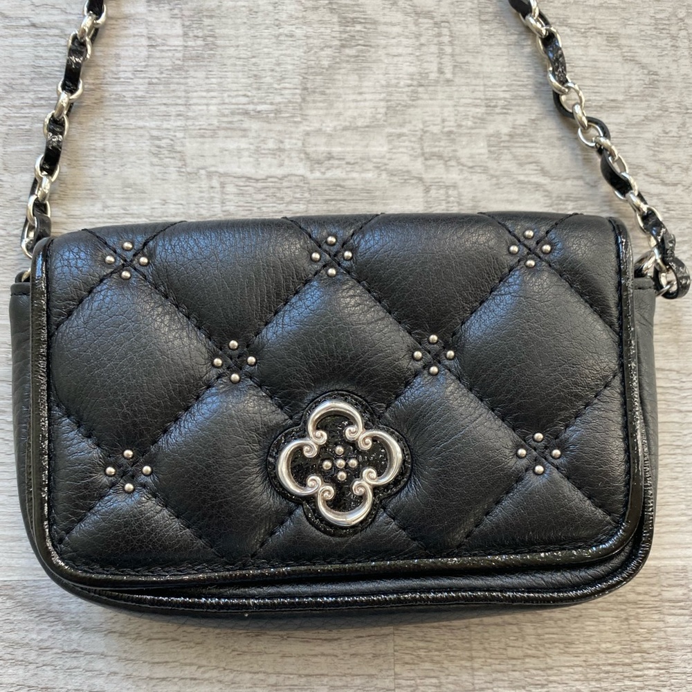 Brighton black leather small cross body bag w/ silver accents